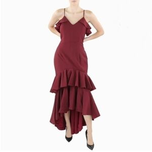 Jarlo London Mina Burgundy Mermaid Tiered Long Evening Dress
